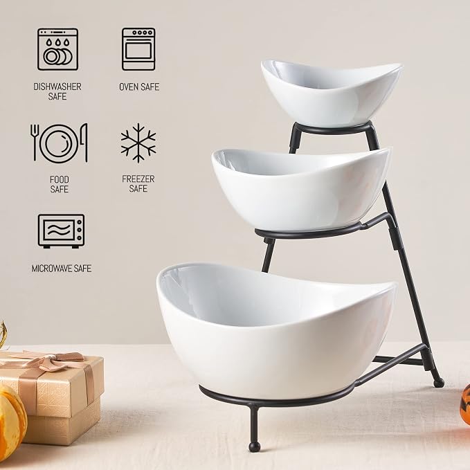 LYEOBOH 3 Tier Serving Bowls Set with Collapsible Thicker Metal Stand, Oval Serving Dishes for Entertaining Tiered Serving Stand for Fruit, Dessert, Candy, Chip and Dip (Black)