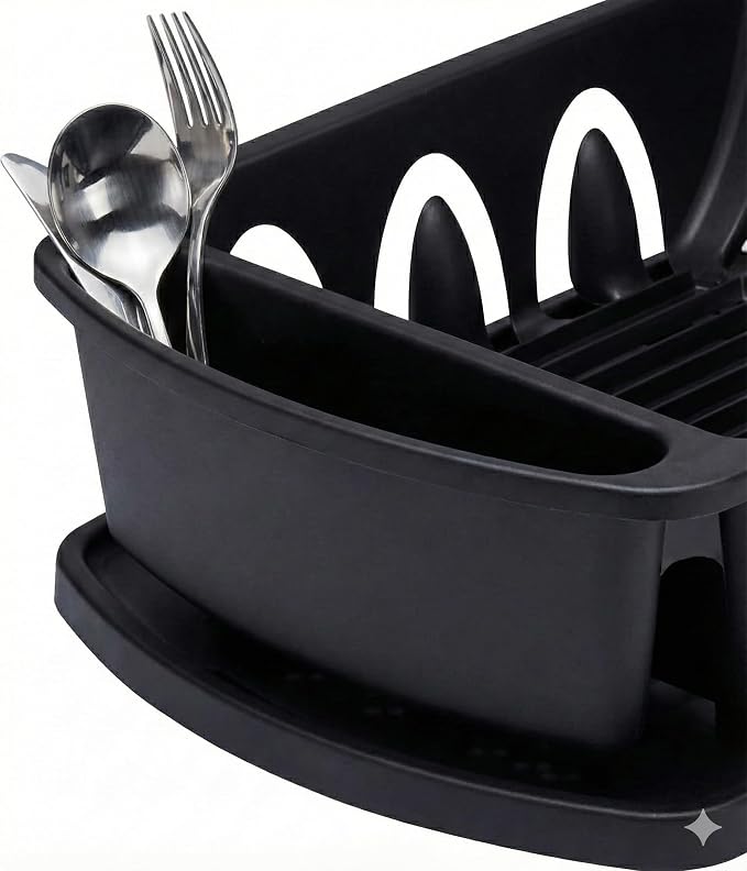 Tribello Sink Dish Drying Rack, Heavy Duty Hard Plastic Drying Rack, Dish Drainer for Kitchen Counter with Drainboard Set, with Silverware Holder - 18 x 13 x 6 (Black) - Made in USA