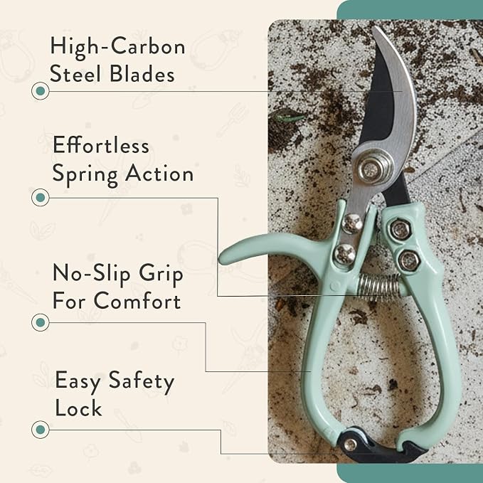 Modern Sprout Bypass Hand Pruners - Scissors - Gardening Tools - Ocean | Lightweight Pruning Tool W/ Easy-Lock - Sharp Bypass Carbon Steel Blade - Rust-Resistant - Reusable Holster for Storage