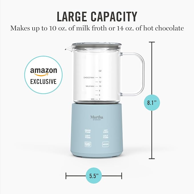 Martha Stewart 10oz Milk Frother & Steamer, 4 Presets, 300ml Glass Pitcher | Light, Dense, Cold Foam & Hot Chocolate, Ready in 90 Seconds, Cordless Pouring, Runs Quiet, Almond, Soy & Oat Milk, Sky Blue