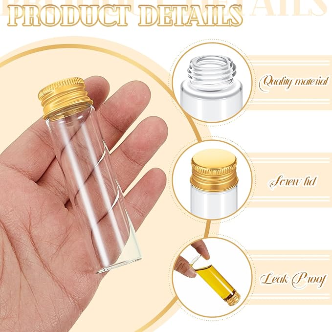 Didaey 100 Pcs Small Clear Vials Spice Mini Jars with Lids Mini Glass Bottles with Screw Aluminum Metal Caps Tiny Jars Sample Containers for Powder Cream Cosmetic Jewelry Wedding (20 ml,Gold Caps)
