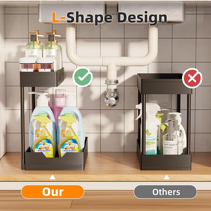 Simple Trending Under Sink Organizer 2 Pack, 2 Tier with Sliding Basket | Multi-Use Cabinet Organizer for Kitchen & Bathroom, Sink Storage Basket with 4 Hooks, L-shape, Easy Assembly, Black