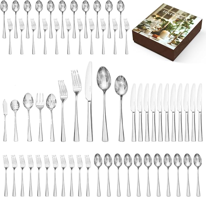 65 Piece Silverware Set for 12 with Serving Utensils, 18/10 Stainless Steel | KINGSTONE Forged Flatware Cutlery Set, Mirror Polished Knives Fork and Spoon Utensils, Dishwaher Safe for Home Wedding Party