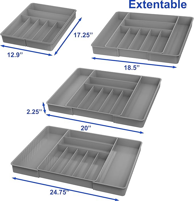 Simple Houseware Expandable Kitchen Drawer Flatware Organizer, Gray | Expandable Kitchen Drawer Flatware Organizer, Gray – Adjustable Cutlery Tray with 9 Compartments for Utensils and Silverware