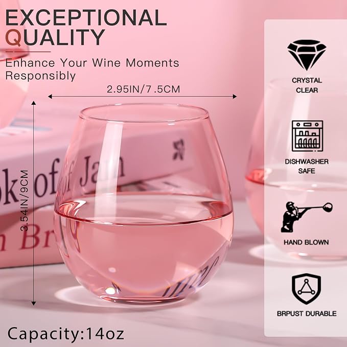 Pink Wine Glasses Set of 6-15oz -Colored Stemless Hand-Blown Wine Glasses, European Design Crystal Glass For Red & White Wine, Unique Gifts for Wedding, Birthday
