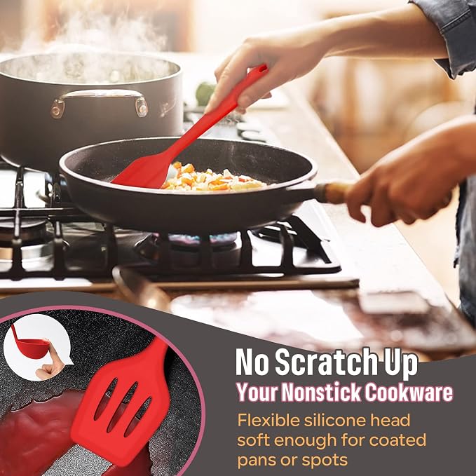 Silicone Cooking Utensils Set, E-far 7-Piece Red Heat Resistant Kitchen Utensils Set, Kitchen Nonstick Tools Spatula Ladle Spoon Pasta Server for Non-stick Cookware, Non-Toxic & Dishwasher safe