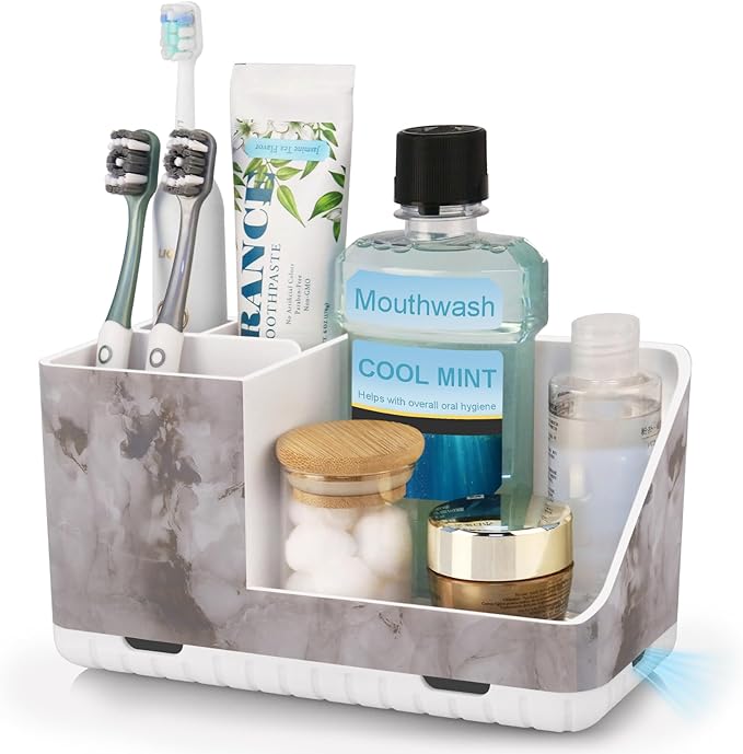 Toothbrush Holders for Bathroom Countertop Organizer (White Marble Grain) | Easy To Clean, Drainage, Non-Slip, Detachable, Kids Electric Toothbrush and Toothpaste Holder for Bathrooms