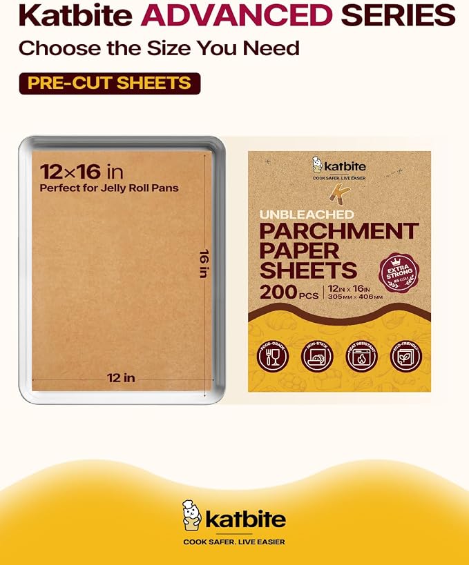 Katbite 200Pcs 12x16 In Unbleached Parchment Paper for Baking, Precut Parchment Paper Sheets, Heavy Duty Flat Baking Paper, Half Sheet Baking Sheets for Baking Cookies, Cooking, Air Fryer, Oven | Heavy Duty and Non-Stick Extra Strong Parchment Paper Sh...