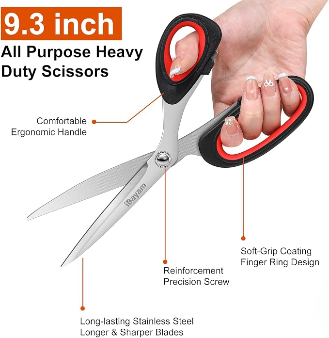 iBayam All Purpose Heavy Duty Scissors for Office, School, Craft, Scrapbook, Vision Board, (1, Red+Black, sewing scissors)