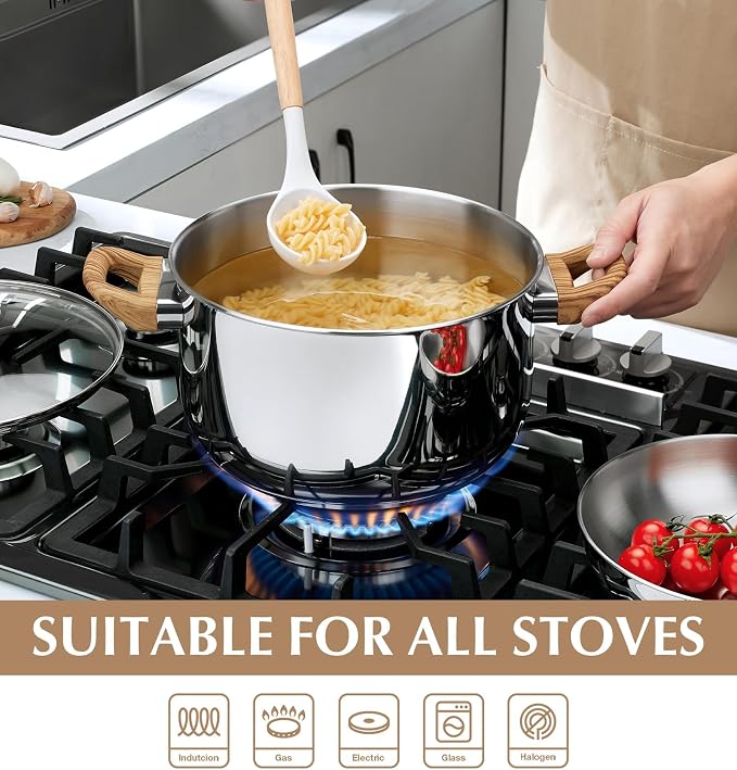 KOCH SYSTEME CS Stainless Steel Stock Pot with Lid, 6 Quart 18/10 Food Grade Soup Pot, Pasta Pot, Tri-Ply Base Cooking Pot for Induction Gas Electric Stoves, Dishwasher Safe Stockpot for Daily Cooking