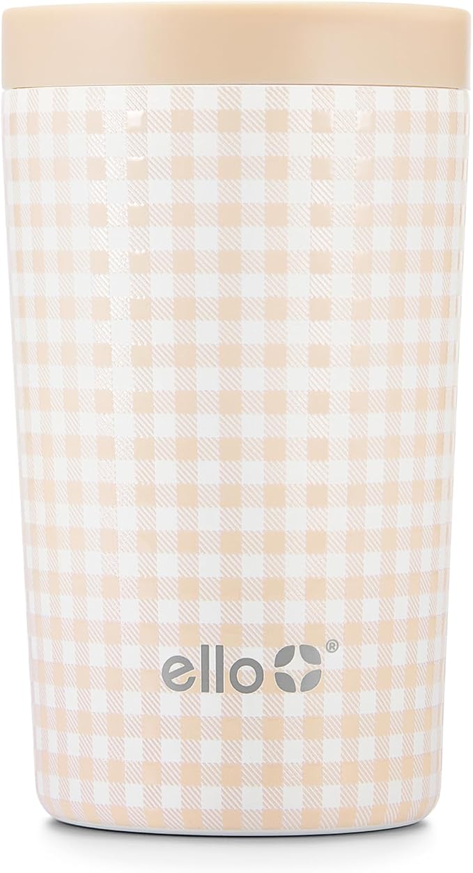 Ello Jones 11oz Insulated Stainless Steel Leakproof Travel Mug, Beige Gingham