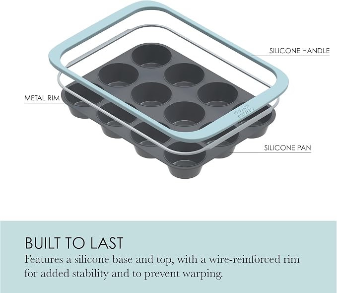 Chicago Metallic 12-Cup Silicone Muffin Pan, Blue - Nonstick Cupcake Baking Pan with Wire-Reinforced Rim, Oven Safe to 428F, Dishwasher Safe, 14.6 x 10.43 Inches