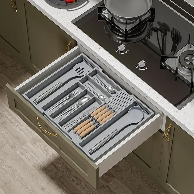 Expandable Bamboo Silverware Drawer Organizer Kitchen Tray, Grey | Removable Knife Block, Holds 7 Knives, Adjustable Dividers, 12.6-21.45 x 16.3 x 2.13 in, Drawer Insert for Utensils, Forks