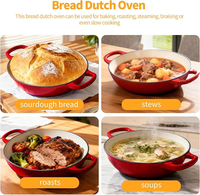 6QT Enameled Cast Red Iron Dutch Oven For Sourdough Bread Baking | Dutch Oven Pot With Lid,Non-stick Sourdough Baking Pan with Bread Dome,Round Ceramic Dutch Oven Pot for Homemade