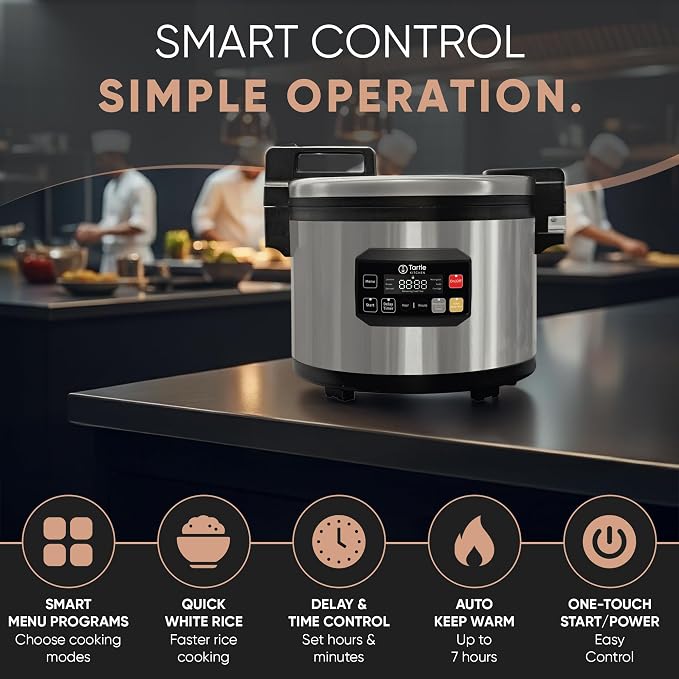 TK Commercial Rice Cooker 64 Cup - Multi-Grain, Brown Rice & More, 7h Warm | For white, brown & mixed-grain rice; 32 cups raw ready in 45min; 8 cooking modes; 3D heating; Swappable TK pot; Cup & scoop