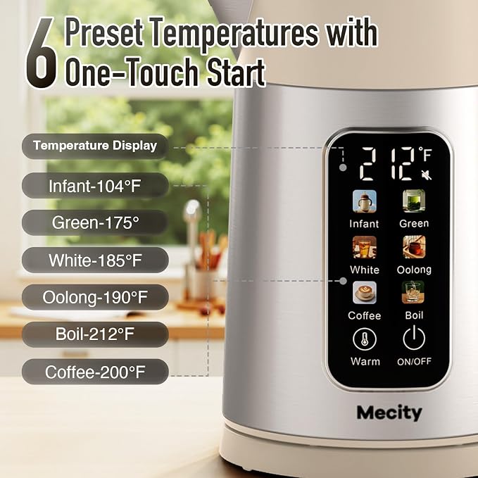 Mecity Electric Kettle 1.7L Touch Screen Temperature Control Water Boiler, No Plastic Contact with Water. 6 Presets For Tea and Coffee, 2 Hours Keep Warm, Auto Shut Off, Cream & Stainless Steel Color