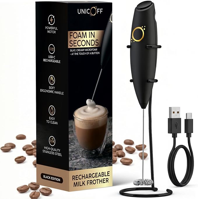 Rechargeable Milk Frother Handheld, USB-C Coffee Mixer, Matte Black | Rechargeable USB-C, quiet whisk, stainless steel stand, coffee matcha protein cold foam latte, portable coffee bar accessory
