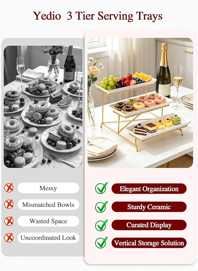 3 Tier Serving Tray Set 14 Inch Porcelain Tiered Serving Platters, Collapsible Sturdier Stand with Stable Cross Bars, Three Layer Serving for Party Entertaining Food Display Fruit Dessert
