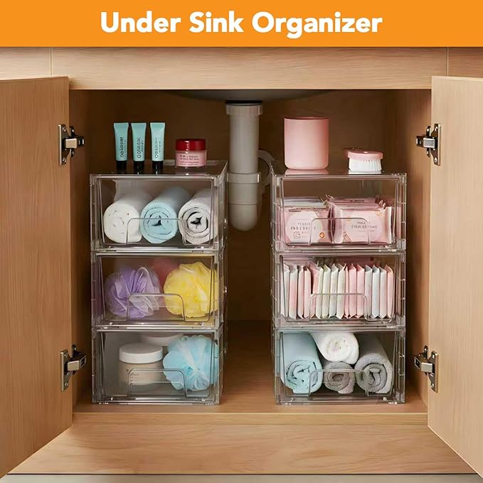 6 Pack Stackable Storage Drawers,Plastic Organizers Bins, Drawers Storage with Handles and Movable Dividers for Organization and Storage in Fridge,Bathroom, Pantry, Kitchen Cabinets, Under Sink