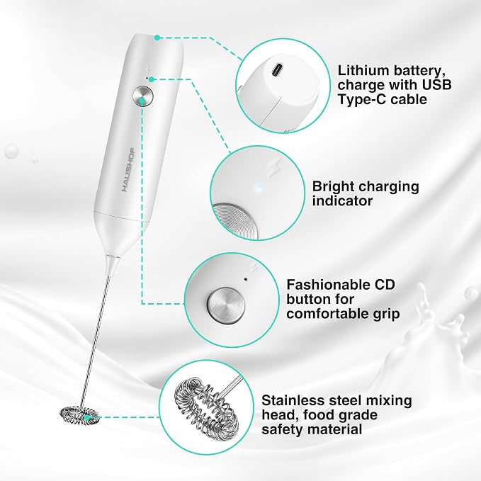 HAUSHOF Handheld Rechargeable Milk Frother Wand, Electric Coffee Mixer | Portable Coffee Frother, Detachable Stainless Steel Whisk, Drink Mixer for Matcha, Latte, Cappuccino, No Stand, White