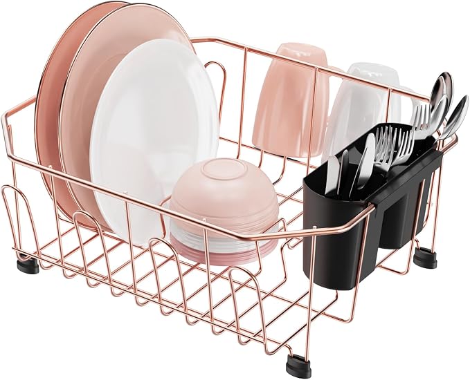 Small in Sink Dish Drying Rack - Stainless Steel for RV Kitchen | Compact Design for Apartments, Angled Corners Fit Square & Round Sinks, Utensil Holder, Cup Hooks, 1-2 Person, 11.6" x 13.4"