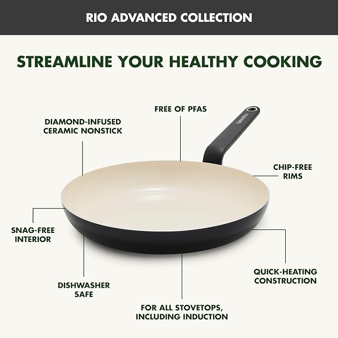 GreenPan Rio Advanced 12" Frying Pan Skillet, Ceramic Nonstick PFAS-Free, Induction Ready, Dishwasher and Oven Safe, Black