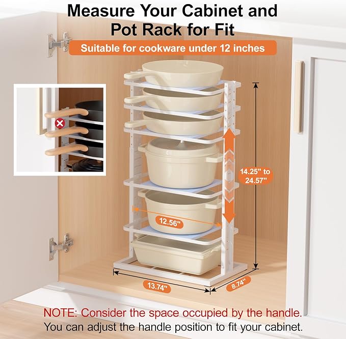 LAMU Pots and Pans Organizer for under Cabinet, 6-Tier Heavy Duty Pan Pot Organizers inside Cabinet Adjustable 14 to 24.57", Pot Rack Kitchen Cabinet Organization and Storage Holds up to 12" Cookware