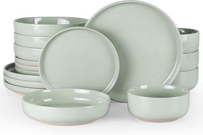 HaWare 16-Piece Plates and Bowls Set for 4, Stoneware Dinnerware Sets with Pasta Bowl, Dishes Set for Home Restaurant, Speckled Asparagus Green