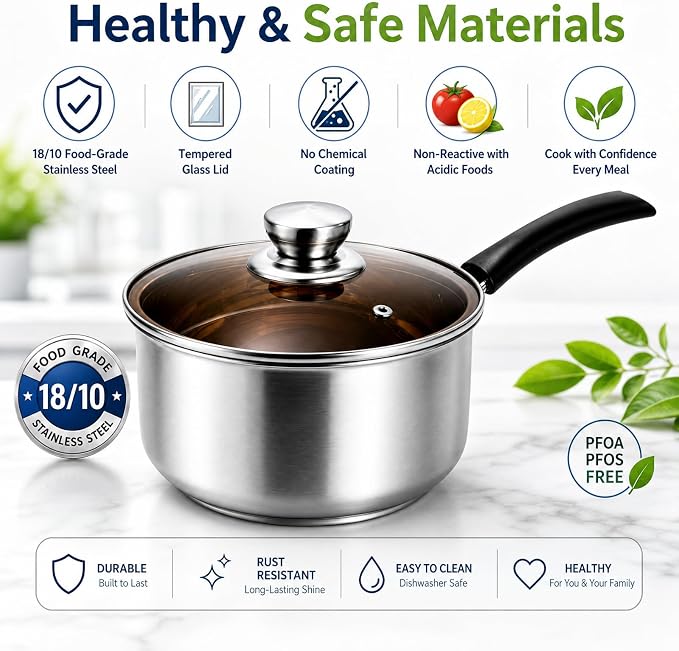 ZENFUN 2 Quart Saucepan, Stainless Steel Sauce Pan with Visible Glass Lid&Stay Cool Handle, Small Sauce Pot for Kitchen, Saucier Pan, Induction Pot for Cooking, Dishwasher Safe(PFOA PTFE PFAS Free)
