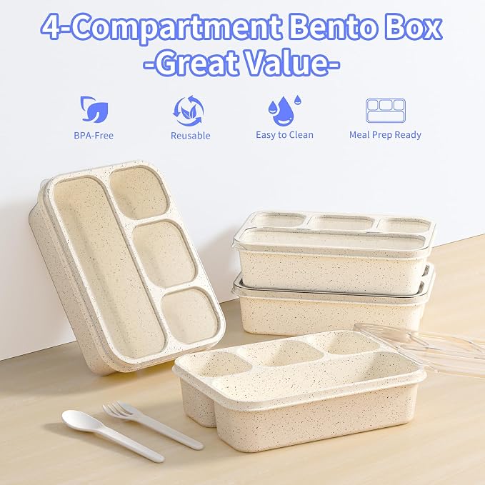 Bento Box 5-Pack, 4-Compartment Lunch Box for Women, Men & Kids, BPA-Free Wheat Straw Snack Containers, Ideal for Meal Prep, Travel, School, Work (White)