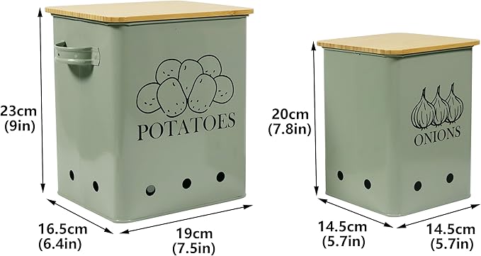 Kitchen Vegetable Storage Tins Set of 2, Onion and Potato Storage Bins with Wooden Lid and Aerating Holes, Garlic Bin Caddy, Vintage Kitchen Decor, Green