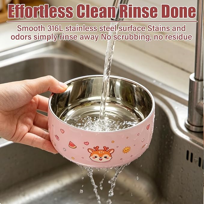 316 Stainless Steel Bowls for Kids 5 Inch - 33oz Toddler Bowls 2-Pack with Cute Animal Print, Non Toxic Dishwasher Safe Baby Bowls for Soup Dessert, BPA Free Unbreakable, Birthday Gift - Pink & Blue