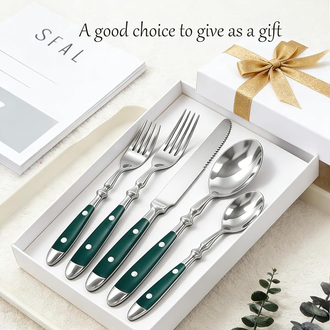 Vintage Silverware Set Service for 4, Flatware Set with Green Bakelite Handle, Stainless Steel Cutlery Set, Dishwasher Safe