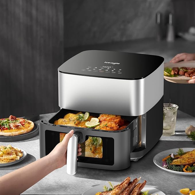 Iceagle Stainless Steel Air Fryer 9 Quart - Airfryer XXL with Large Viewing Window, Dual Heating Elements, 12-in-1 Function to Roast, Bake, Broil, Defrost, Reheat, Dishwasher-Safe Parts, 1700W, Siver