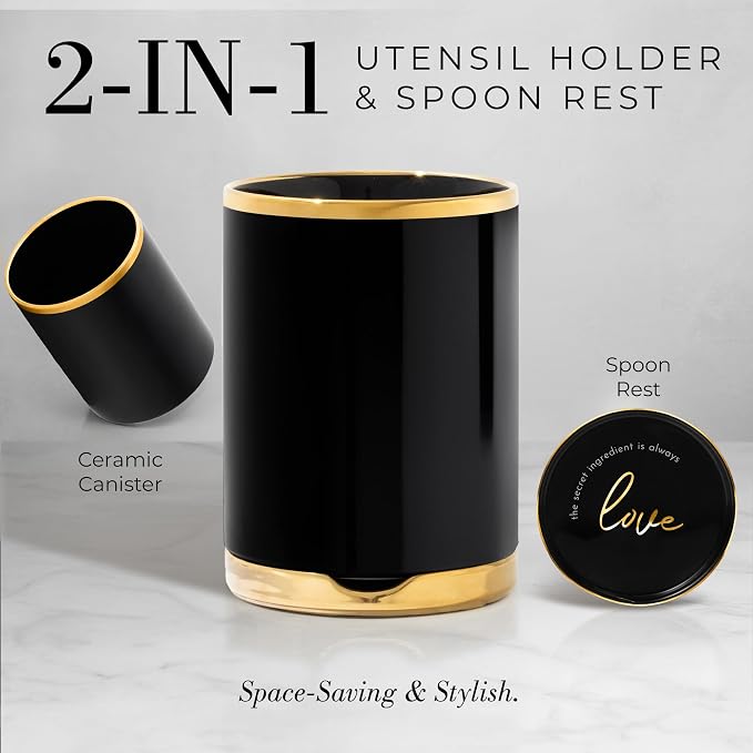 Styled Settings Black and Gold Kitchen Utensils Set with Holder, 8-Piece | Heat Resistant, Nonstick, Black Silicone Cooking Utensils Set, Ceramic Utensil Holder & Stackable Gold Spoon Rest