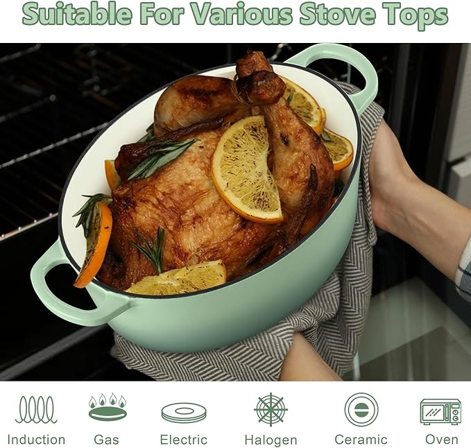 TeamFar 7QT Oval Dutch Oven, Enameled Cast Iron Dutch Oven Pot with Lid | For Bread Baking/Stewing/Braising/Frying, Suitable for Various Stoves, Non-stick & Easy Clean, Pistachio Green