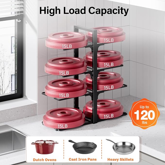 MUDEELA 8-Tier Heavy-duty pan organizers inside cabinet, 20.8" H Black | Adjustable 20.8" Height, Heavy-duty pot rack, Holds big stockpots, cookware & skillets, Fits countertops, Kitchen storage