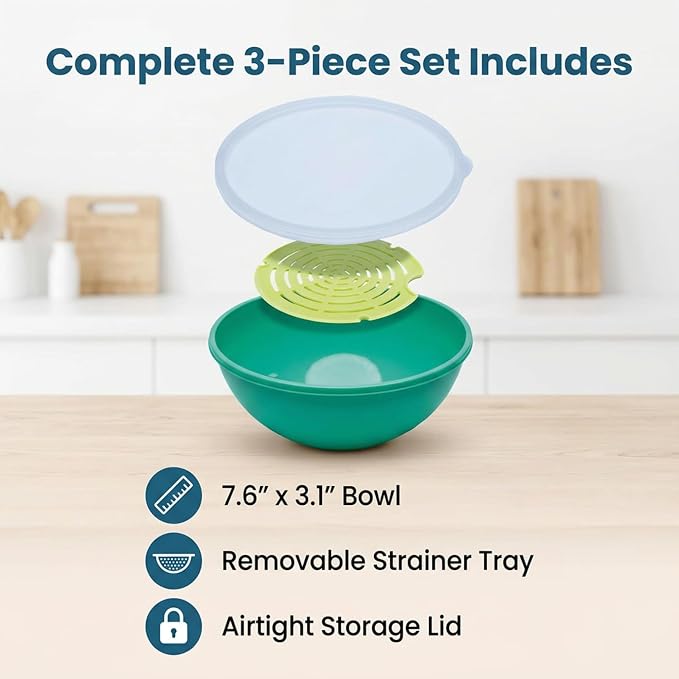 Jokari Watermelon Salad Bowl with Strainer and Lid - Self-Draining | Lid - Self-Draining Container, Fruit, Vegetables, Mixed Greens - Includes Nesting Colander, Snap-Tight Storage Lid