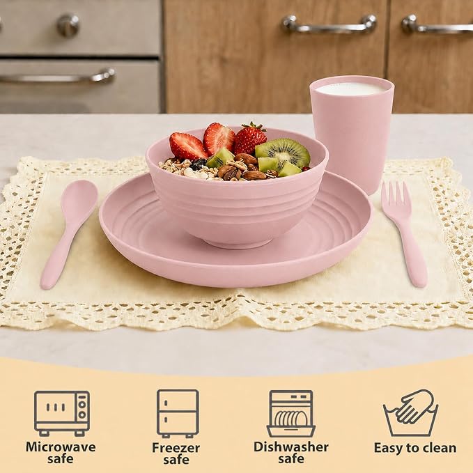 Wheat Straw Dinnerware Sets for 4, 20 Piece Unbreakable Kids Dinnerware Set, Toddler Plates and Bowls Sets, Kitchen Plates and Bowls Set, Lightweight Dish Set for Travel Camping Party - Muted Pink