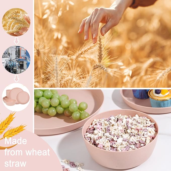 EjonirInjonir 12pcs Pink Wheat Straw Dinnerware Set for Family/Dorm | Eco-Friendly,Reusable Pink Dishes & Wheat Straw Plates.Deep Plates and Bowls Sets for Family Picnic, RV, and Camping.