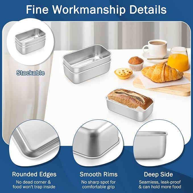TeamFar Mini Loaf Pan, 3 PCS Stainless Steel Loaf Pans for Baking Bread | 6.3 x 3.5 Inch Bread Baking Pan for Homemade Bread, Meatloaf, Cake and Brownies, Non-Toxic, Oven & Dishwasher Safe