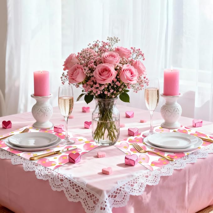 Sweet Hearts Valentine's Day Placemats, 50 Count Disposable Table Mats | Pink Heart Yellow Dots Anniversary, Wedding Party Dinner Romantic Dining Decor