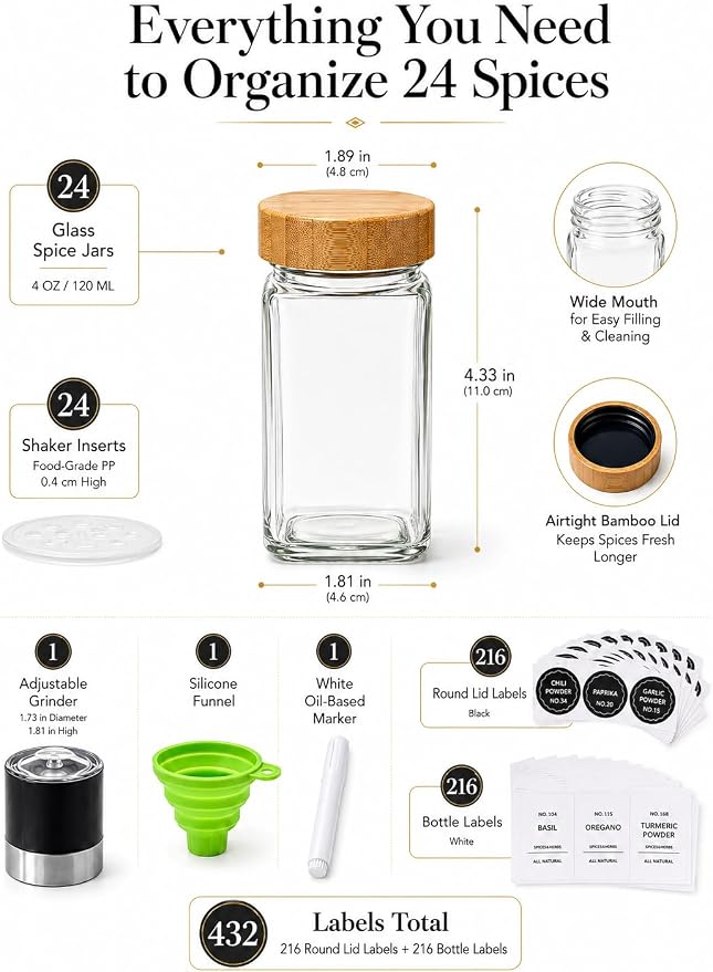 Spice Jar Set, 24 Pcs 4oz Glass Spice Jars with Labels and Bamboo Lids, Square Spice Bottles with Shaker Lids for Cabinet, Drawer, Pantry and Spice Rack Organization