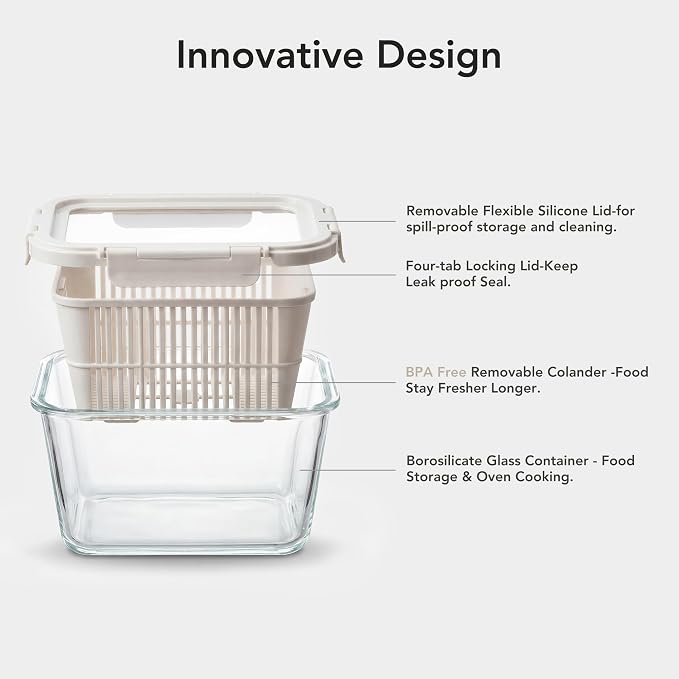 Glass Produce Storage Containers for Fridge, 2-Pack – Airtight Fruit & Vegetable Containers with Removable Colanders, Flexible Silicone Lids,LeakProof, BPA-Free Borosilicate Glass