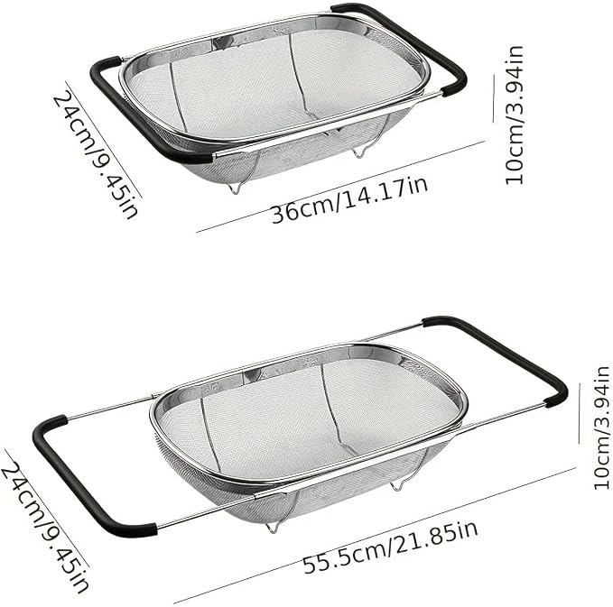NikLye Stainless Steel Over the Sink Colander Basket with Expandable Handles, 6 Quart Fine Mesh Strainer for Pasta, Vegetables and Rice