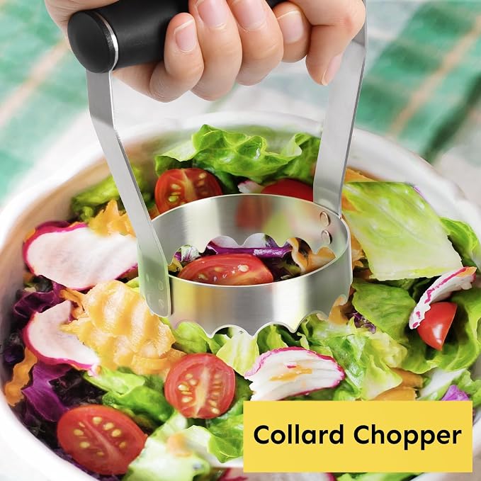 HULISEN Serrated Food Chopper Manual Hand, 3" Stainless Steel Hand Chopper | Ergonomic Rubber Handle, Chops Egg Nut Collard Tuna Salad & Ground Beef, Dishwasher Safe