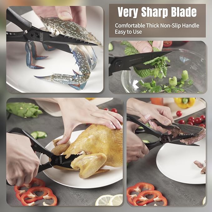 Kitchen Scissors All Purpose, Extra Sharp Kitchen Shears with Knife Sharpener & Sheath, Solid & Durable Stainless Steel Scissors with ANTI-RUST Black Titanium Plated, Dishwasher Safe – Green