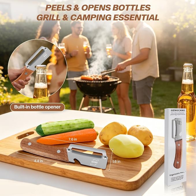 MultiFunctional Vegetable Peeler, Non-Slip Wooden Handle with Sharp Stainless Steel Blade, Built-in Bottle Opener - Perfect Kitchen Peeler For Veggie, Fruit, Potato, Carrot, Apple
