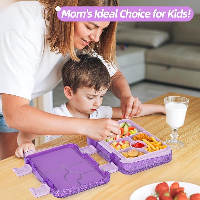 Bento Lunch Box, Snack Bento Lunch Containers Boxes, Shiny Purple | 5/6 Compartments, 3 Cups BPA Free, Dishwasher Safe, for Kids, Back to School, On-the-Go Meal, Ages 3+, School