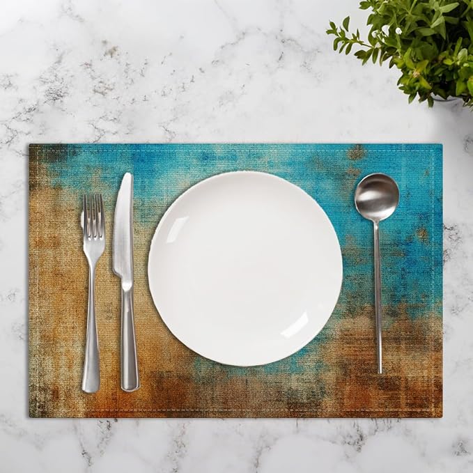 Farmhouse Placemats Set of 4, Outdoor Party Kitchen Table placemats Decor | Blue and Orange Vintage Abstract Messy Rust Painting Table Mats for Dining Decor, Washable Non-Slip Heat Resistant Place Mats
